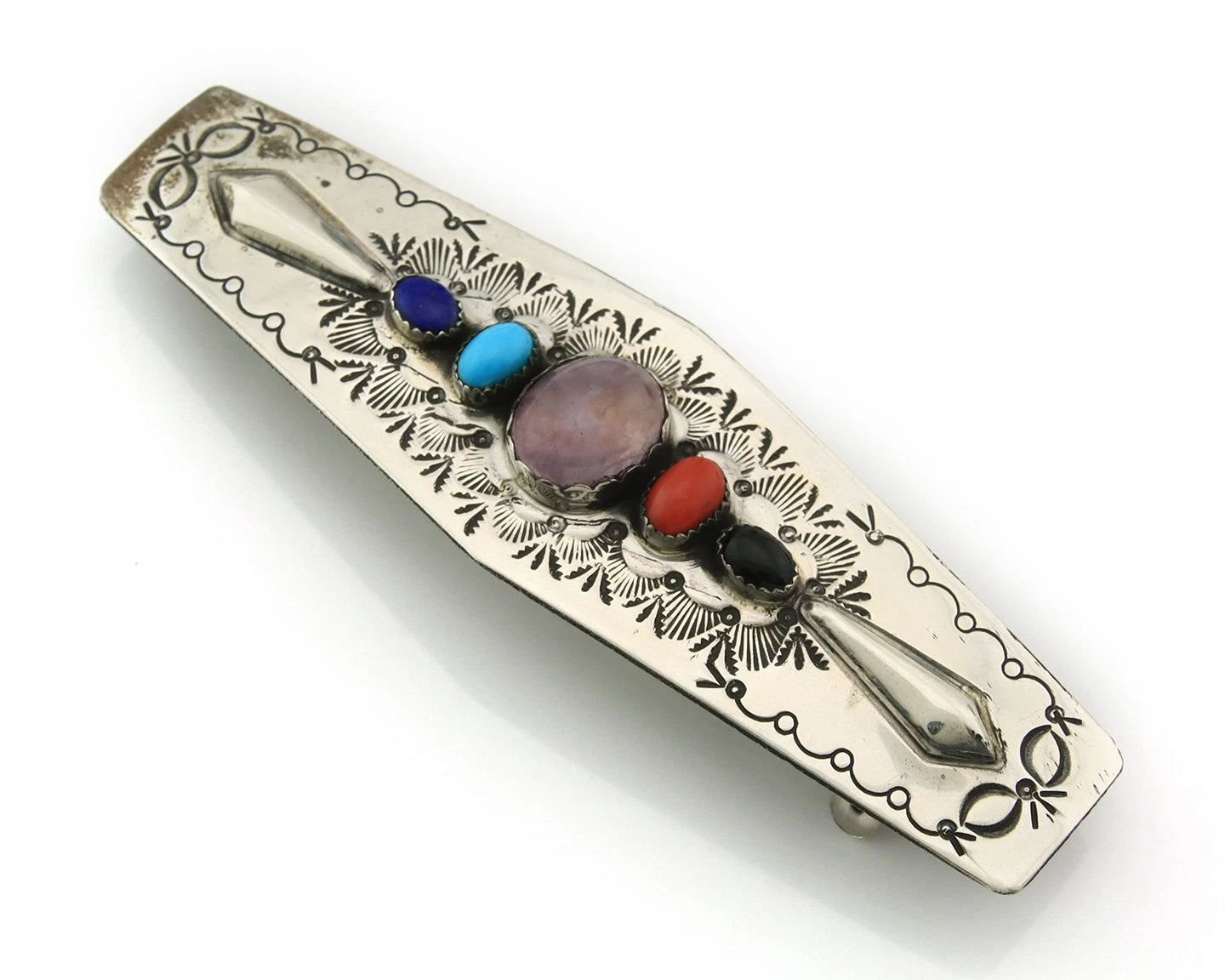 Navajo Barrette Sterling Silver Gemstones Hand Stamped Vintage Signed WS