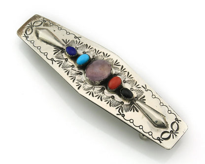 Navajo Barrette Sterling Silver Gemstones Hand Stamped Vintage Signed WS