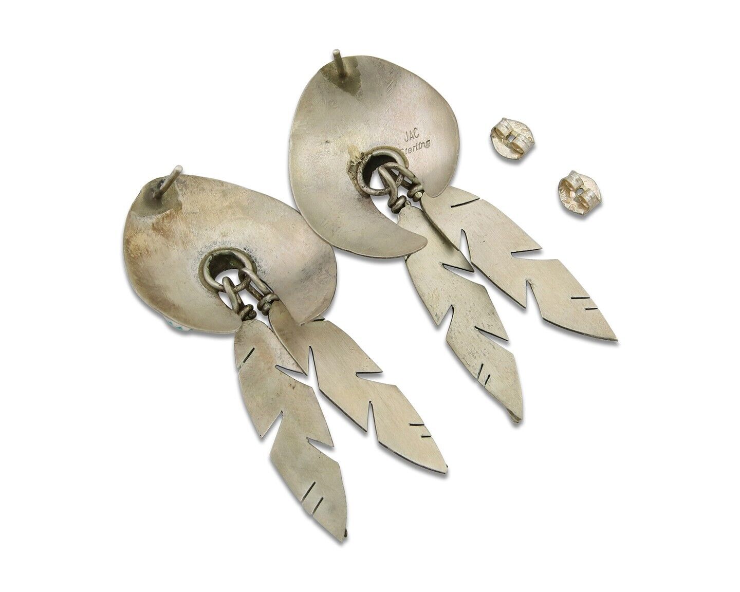 Navajo Earrings 925 Silver Handmade Natural Turquoise Signed JAC C.80s