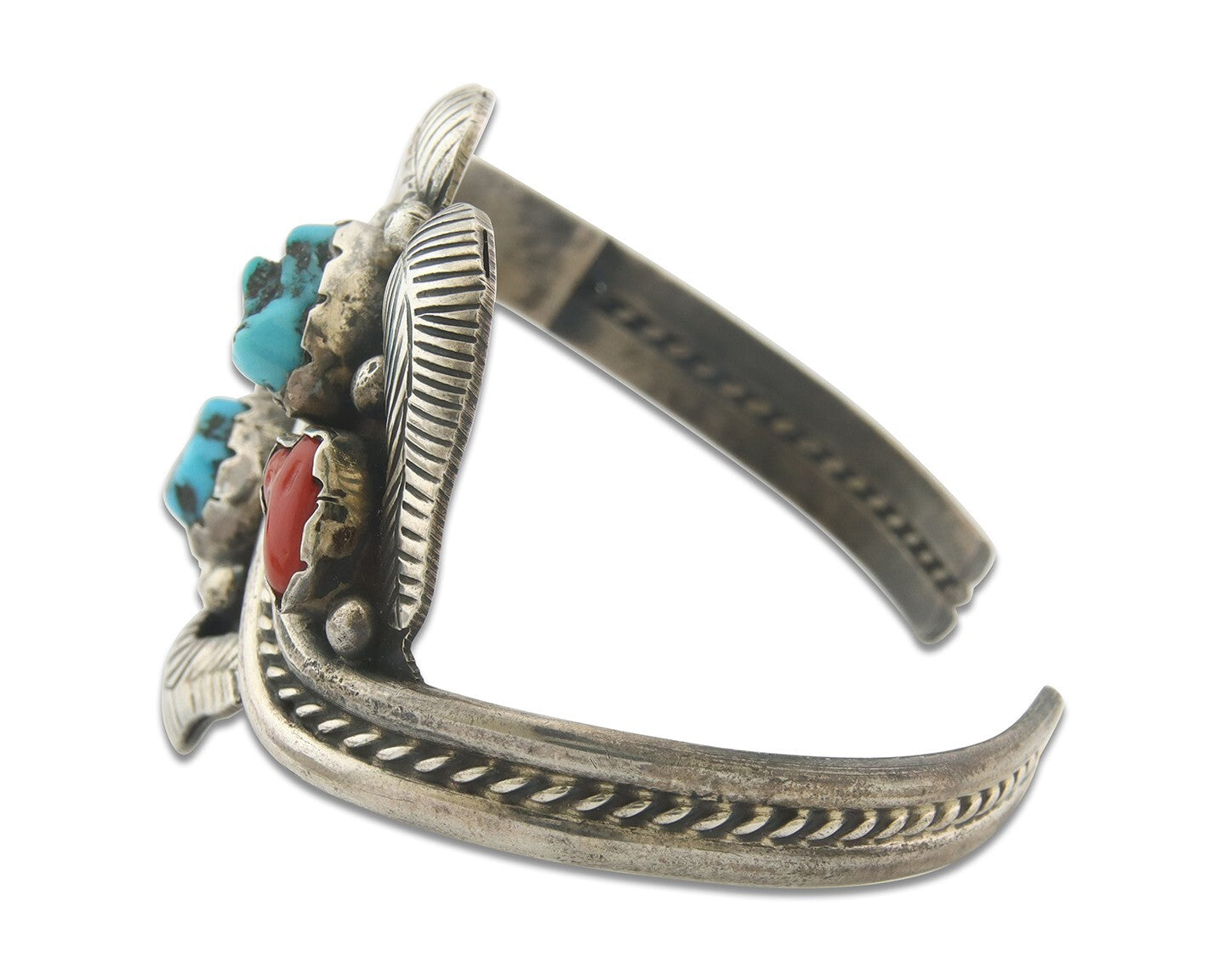 Navajo Bracelet 925 Silver Coral & Turquoise Cuff Signed R Spencer C.80's