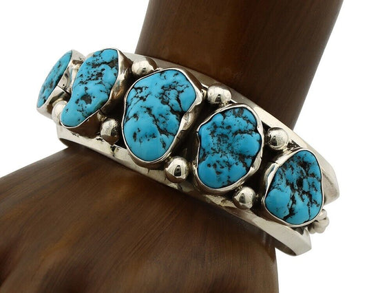 Navajo Bracelet 925 Silver Nugget Sleeping Beauty Turquoise Artist Signed JR C80