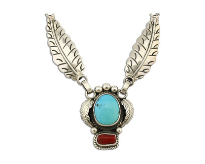 Navajo Necklace 925 Silver Turquoise & Coral Artist Signed Rabbit Stick C.2008