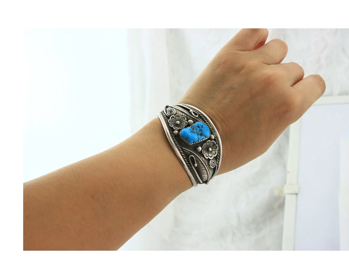 Navajo Cuff Bracelet Sterling Silver Gem Turquoise Handmade Vintage Signed