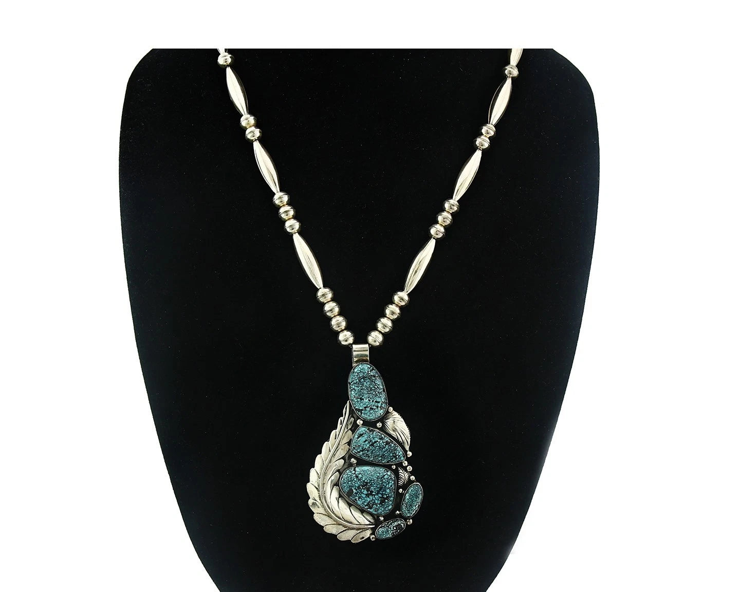 Navajo Bead Necklace Sterling Silver Fine Spiderweb Turquoise Signed Tom Willeto