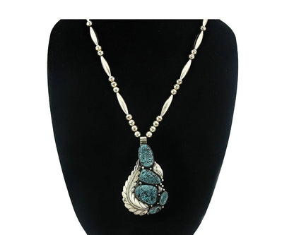 Navajo Bead Necklace Sterling Silver Fine Spiderweb Turquoise Signed Tom Willeto