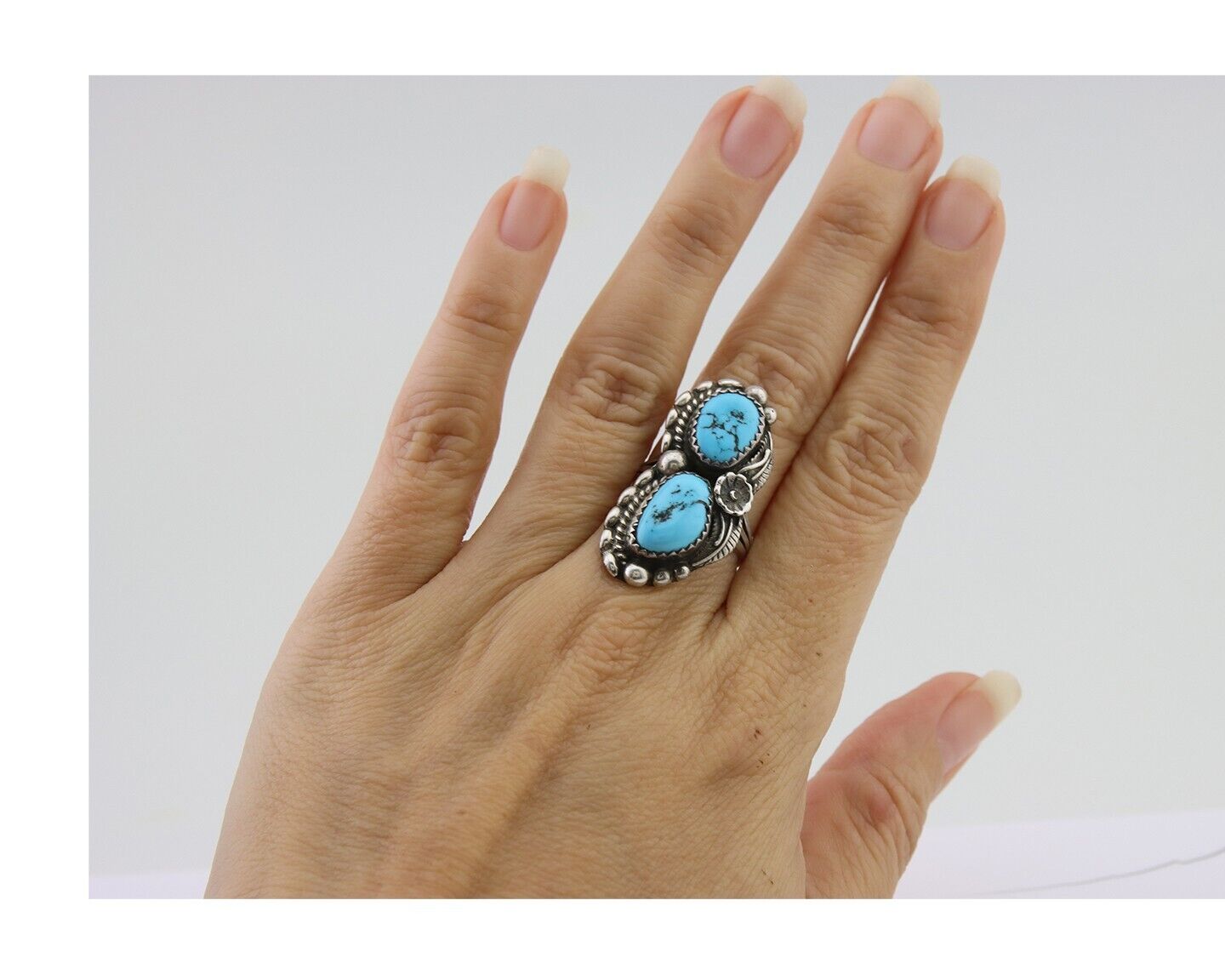 Navajo Ring 925 Silver Natural Blue Turquoise Artist Signed SC C.80's Size 6.0
