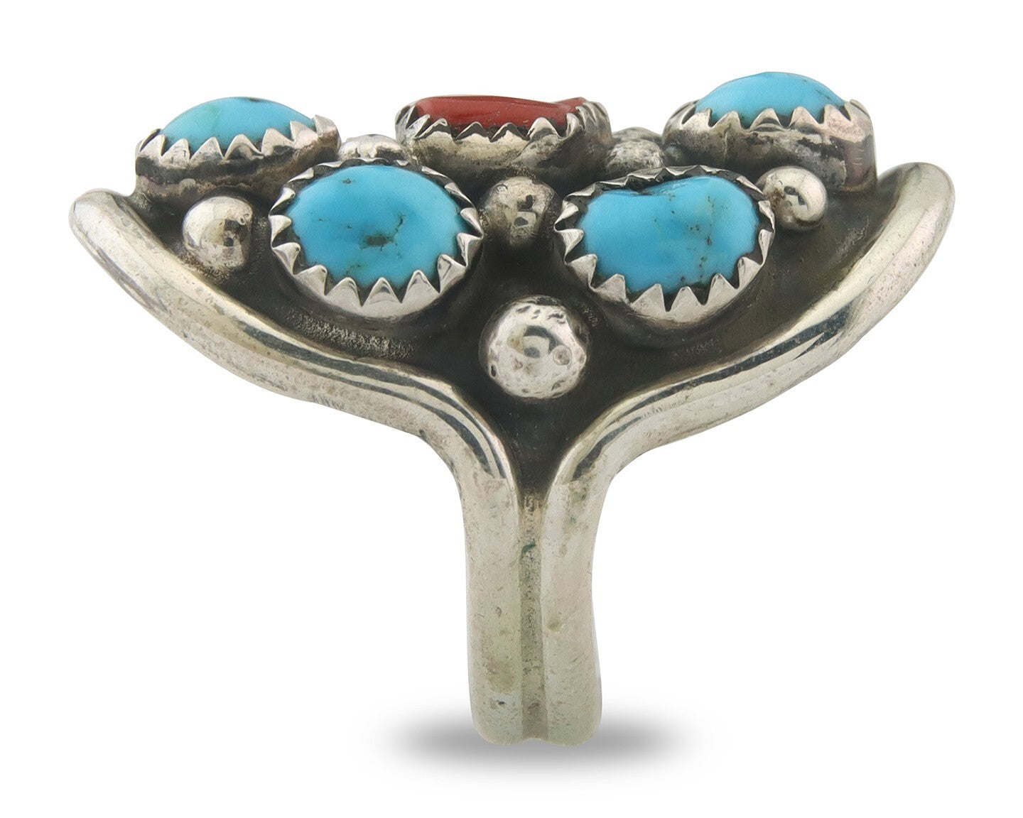 Navajo Ring 925 Sterling Natural Coral & Turquoise Signed EH C.80's Size 6.25