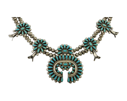 Zuni Squash Necklace 925 Silver Turquoise Signed J Wallace C.80's