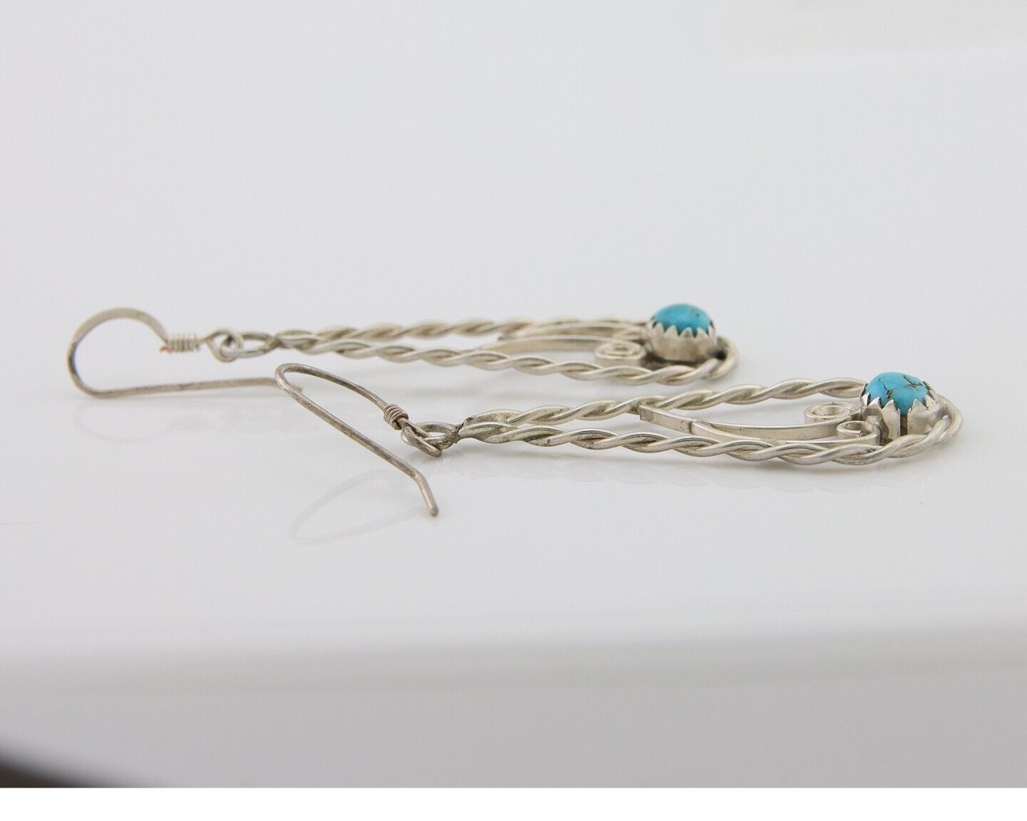 Navajo Dangle Earrings 925 Silver Natural Turquoise Artist Signed JB C.80's