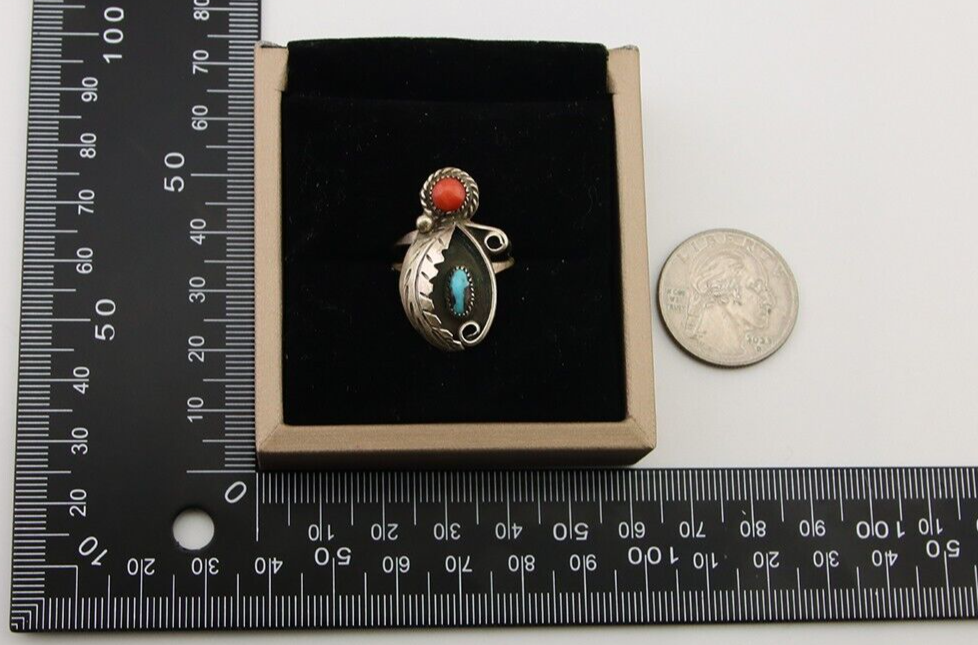 Navajo Handmade Ring 925 Silver Turquoise & Coral Native Artist C.80's