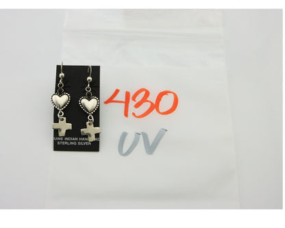 Navajo Earrings 925 Silver Heart Cross Natural Onyx Native American Artist C.80s