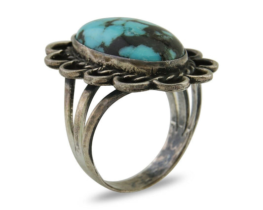 Navajo Ring .925 Silver Spiderweb Turquoise Artist Signed JT C.80's