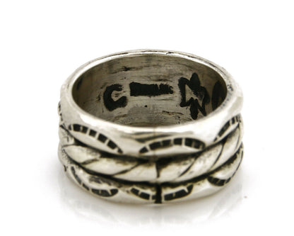 Navajo Ring .925 Silver Handmade Hand Stamped 3 Row Rope Band C.1980s Size 4.75