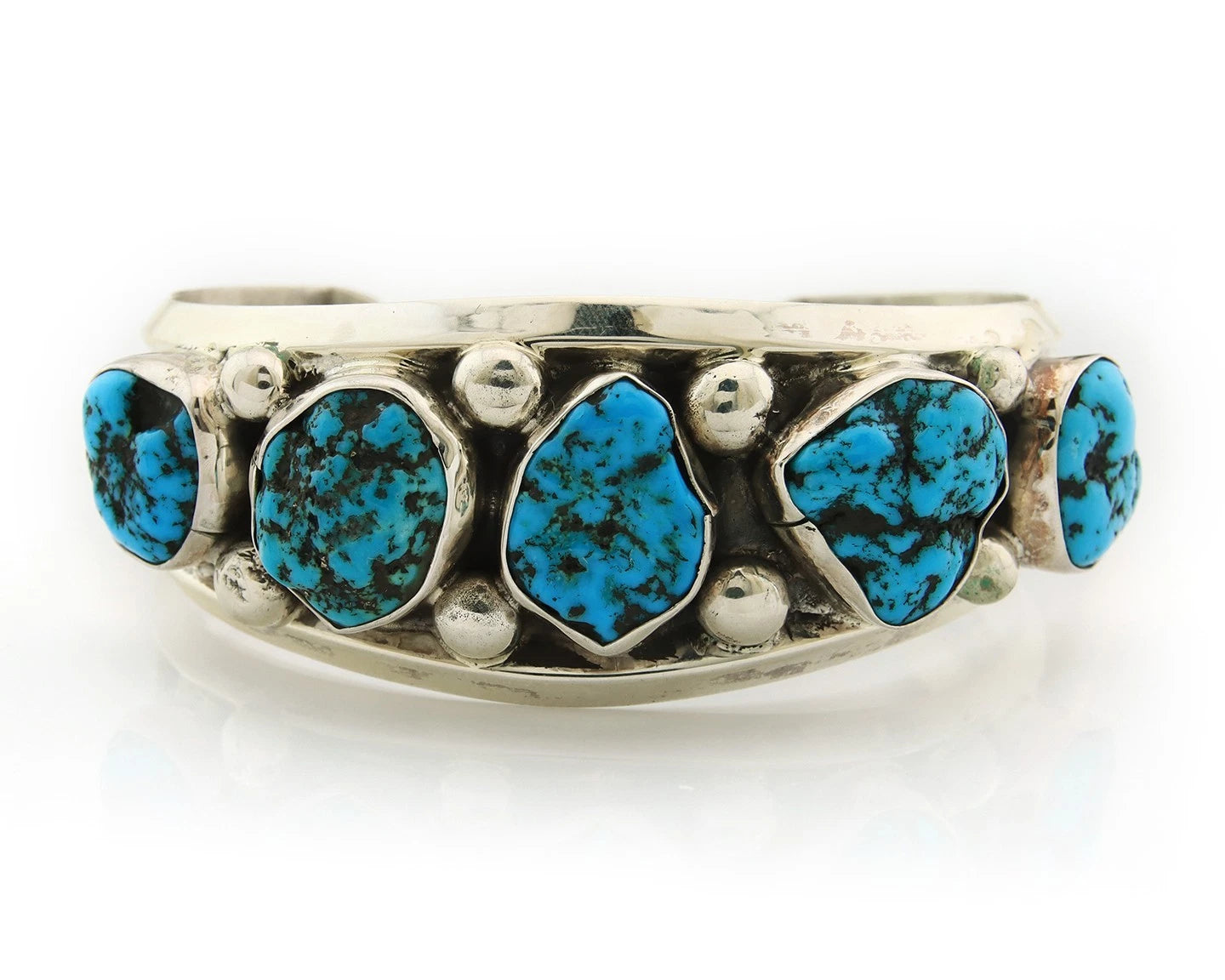 Navajo Cuff Bracelet Sterling Silver Blue Nugget Turquoise Vintage Signed JR