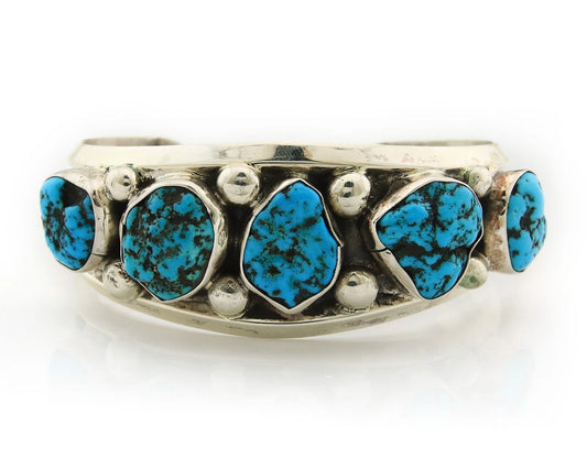 Navajo Cuff Bracelet Sterling Silver Blue Nugget Turquoise Vintage Signed JR