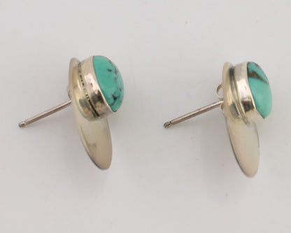 Navajo Shield Earrings 925 Silver Natural Turquoise Signed Ella Peters C.80's