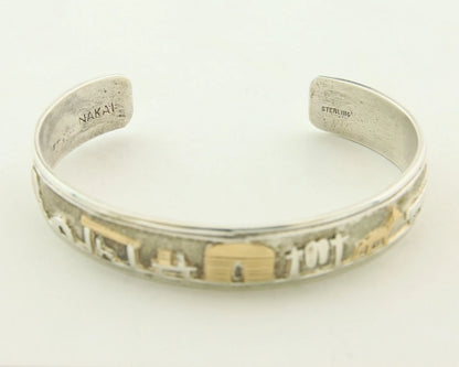 Navajo Cuff Bracelet Sterling Silver & 14k Gold Vintage Handmade Signed NAKAI