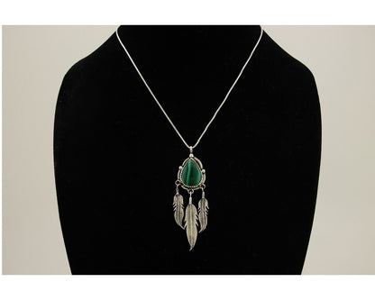 Large Navajo Pendant 925 Silver Natural Malachite Native American Artist C.80's