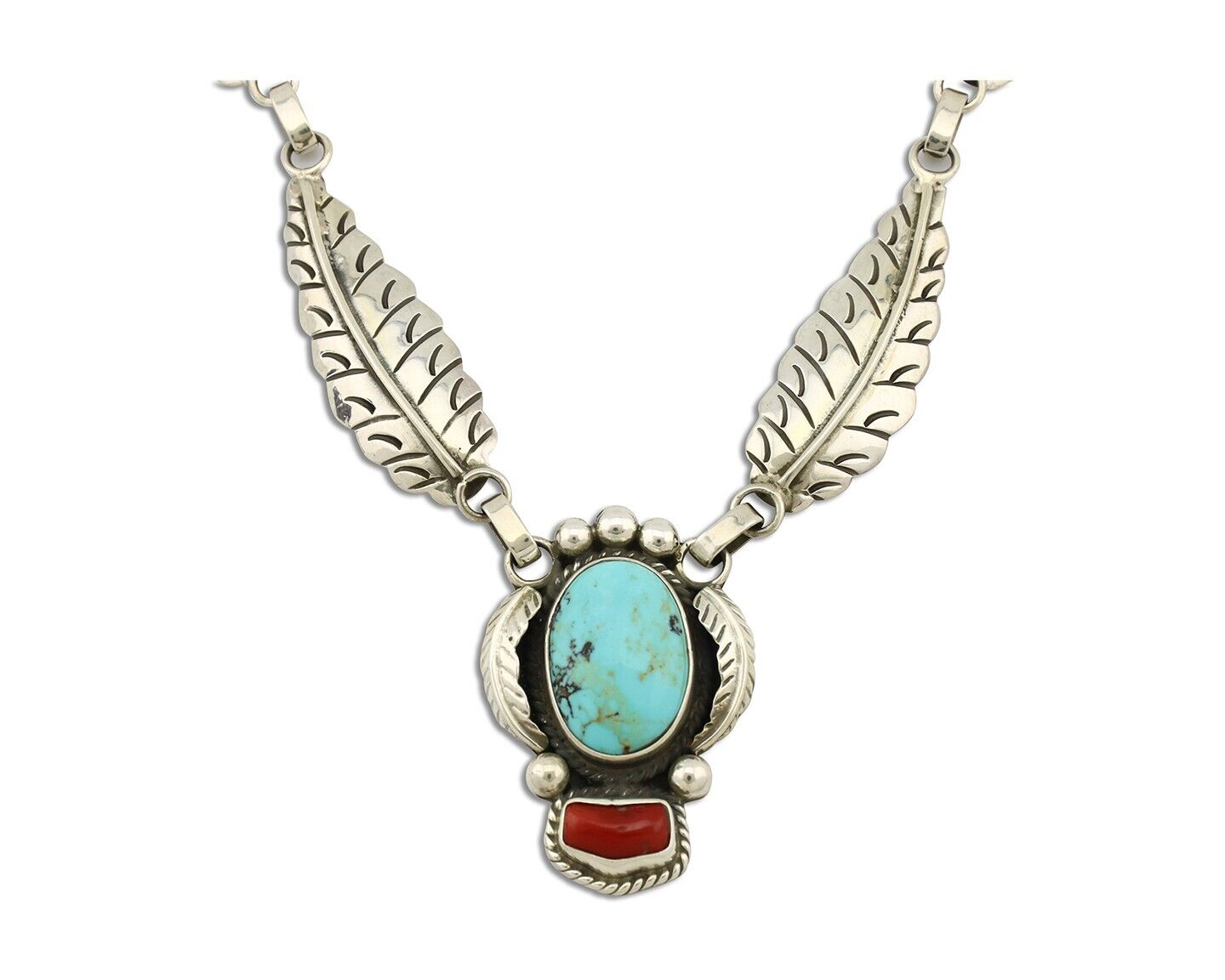 Navajo Necklace 925 Silver Turquoise & Coral Artist Signed Rabbit Stick C.2008