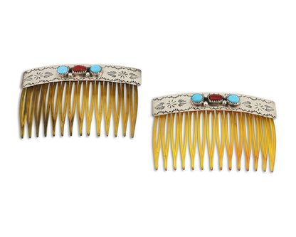 Navajo Hair Comb 925 Silver Sleeping Beauty Turquoise & Coral Native Artist C80s