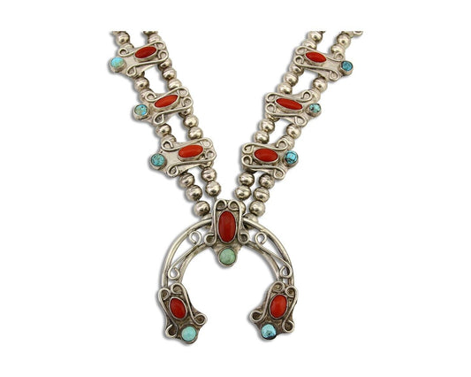 Navajo Coral Turquoise Squash Necklace 925 Silver Native Artist