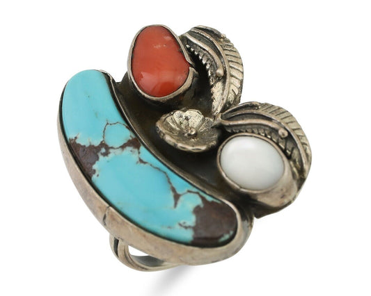 Vintage Handmade Navajo Ring Turquoise & Coral 925 Silver Size 7.5 C.80's