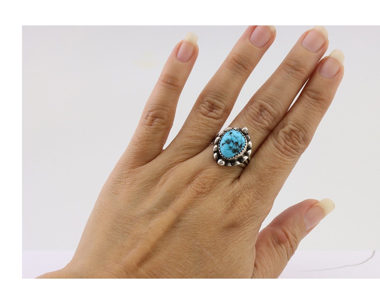 Navajo Ring 925 Silver Sleeping Beauty Turquoise Artist Signed SC C.80's