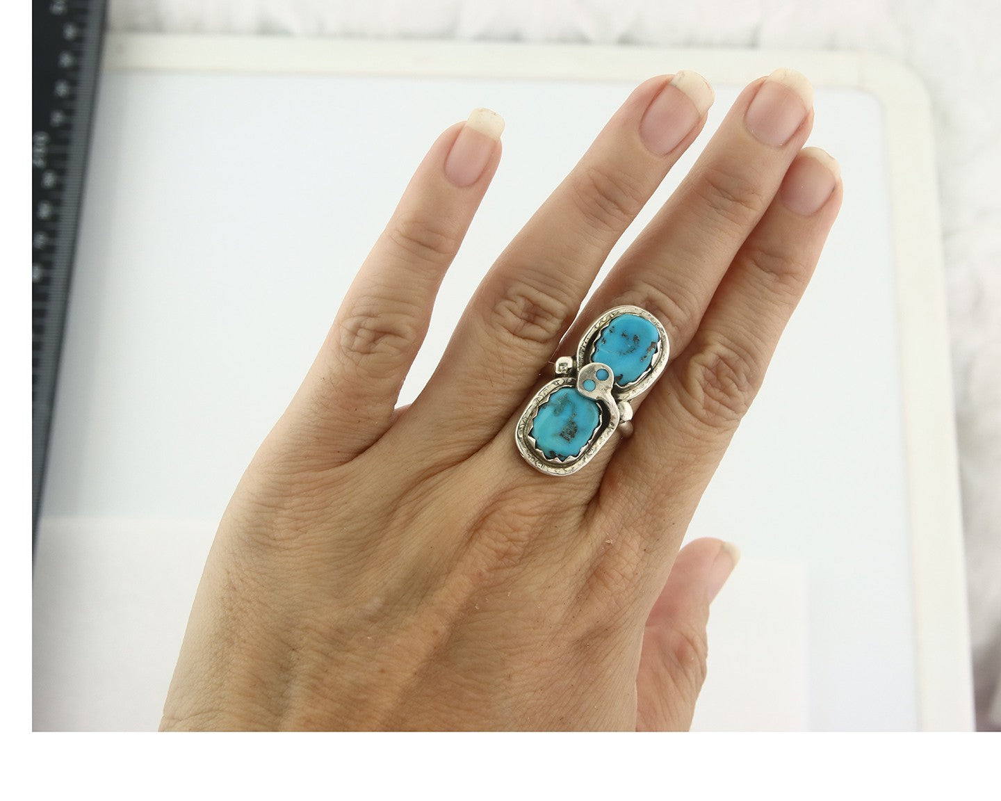 Vintage Zuni Ring 925 Sterling Silver Turquoise Signed Effie Calavasa Size 6.75