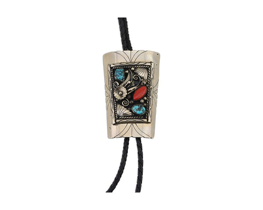 Navajo Bolo Tie .999 Nickel Coral & Turquoise Signed Animal Paw C.80's