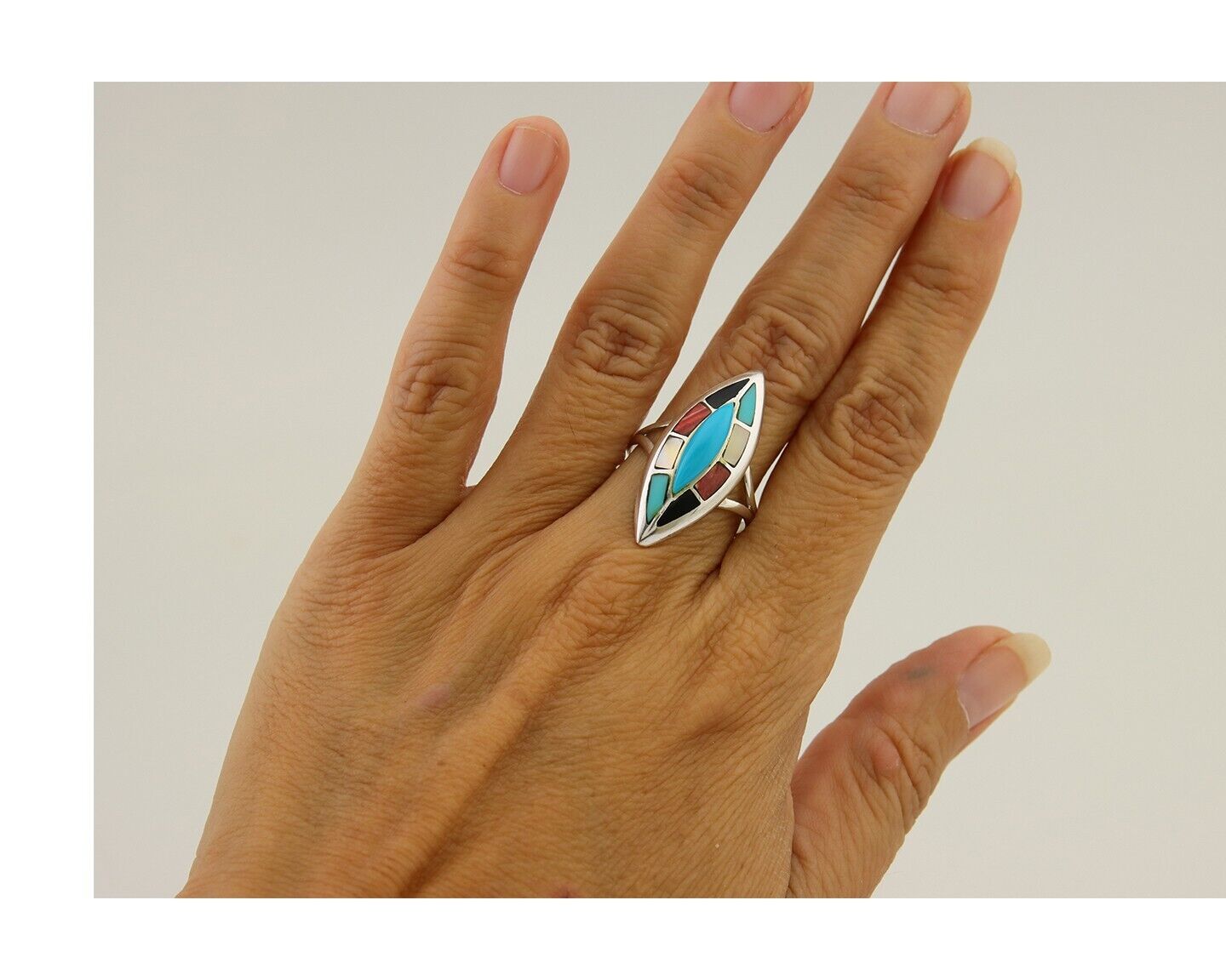 Navajo Ring 925 Silver Turquoise Shell Onyx Spiney Oyster Native Artist C80's