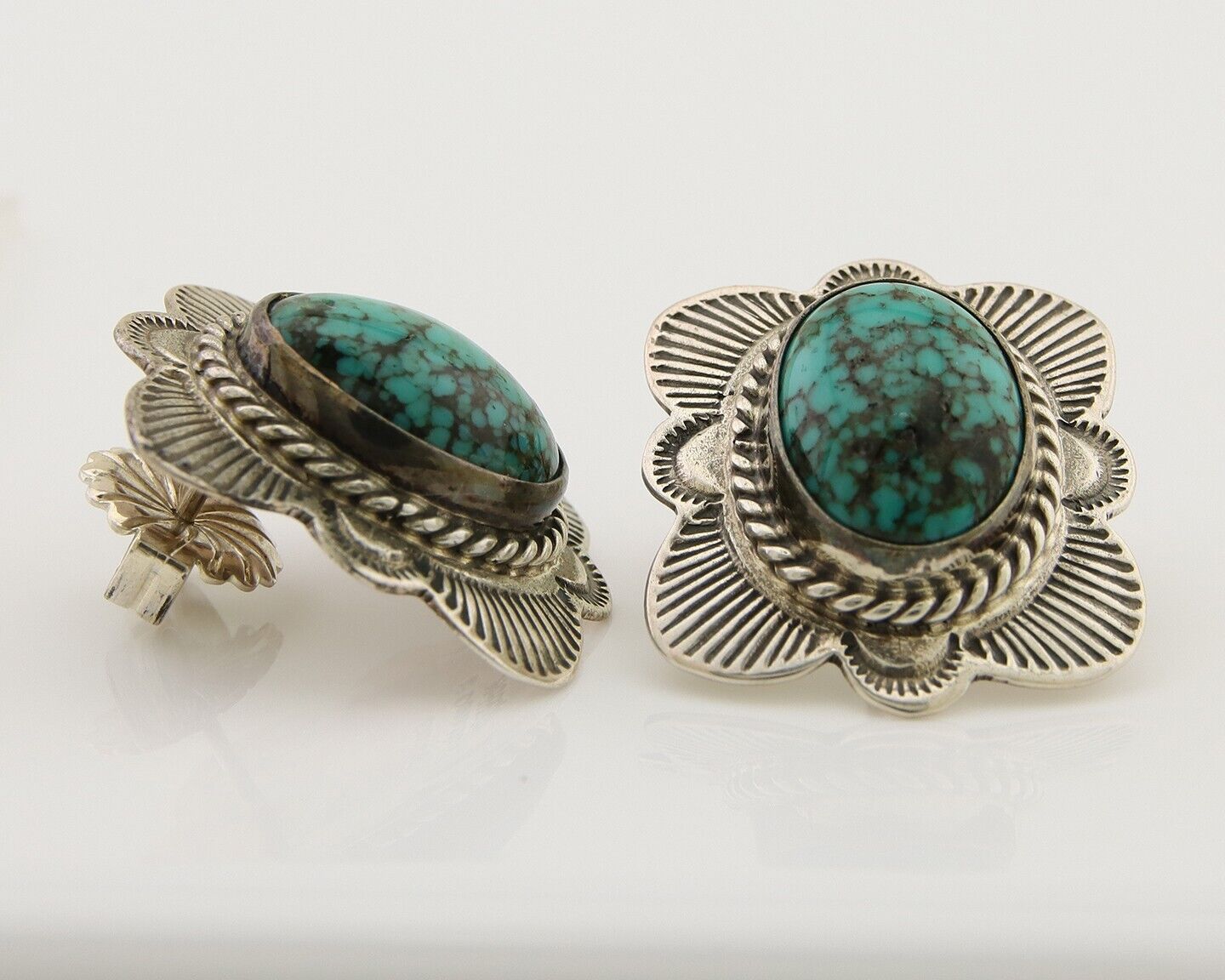 Navajo Earrings 925 Silver Inlaid Turquoise Artist Signed William Denetdale C80s