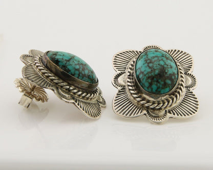 Navajo Earrings 925 Silver Inlaid Turquoise Artist Signed William Denetdale C80s