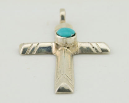 Navajo Sand Cast Cross Pendant 925 Silver Turquoise Artist Signed J Yazzie C.80s