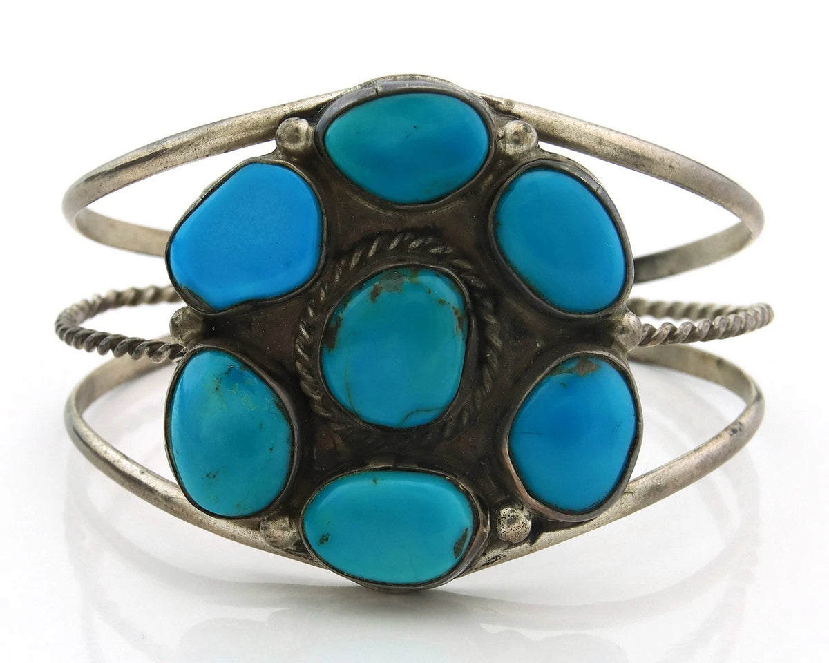 Navajo Cuff Bracelet Sterling Silver Turquoise Vintage Signed BJ