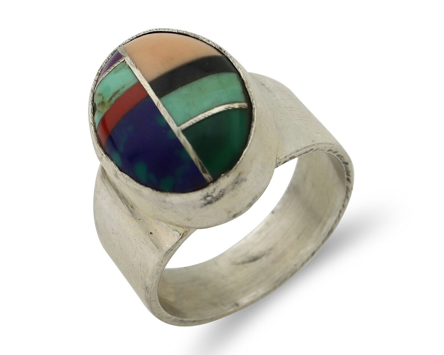 Zuni Inlaid Ring 925 Silver Mixed Natural Gemstones Native American Artist C.80s