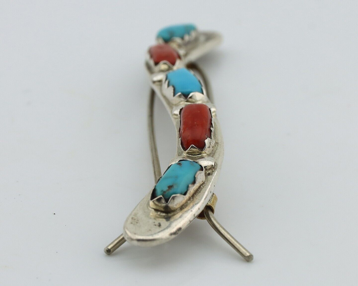 Women's Zuni Hair Clip Barrette 925 Silver Coral & Turquoise Signed B&N NASTACIO