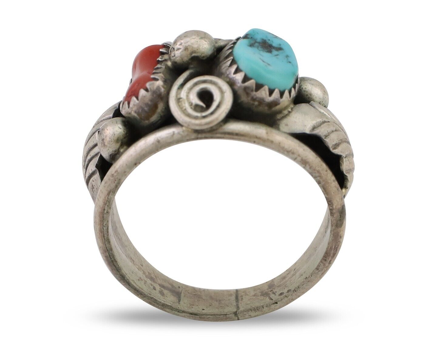 Navajo Ring 925 Silver Natural Coral Turquoise Natural American Artist C.80's