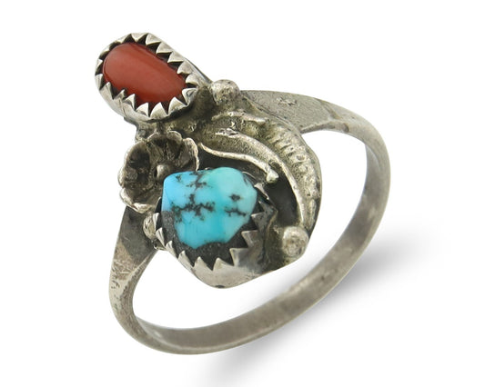 Vintage Navajo Ring 925 Sterling Silver Authentic Turquoise & Coral Size 7.0