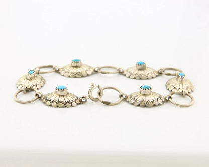Navajo Concho Bracelet Sterling Silver Turquoise Hand Stamped Signed A.J.