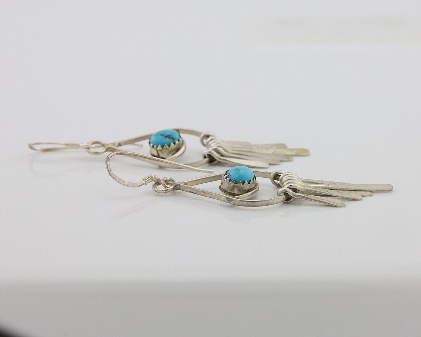 Navajo Dangle Earrings 925 Silver Natural Turquoise Artist Signed JB C.80's
