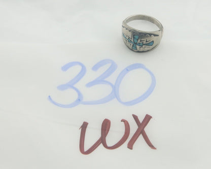 Navajo Ring 925 Silver Inlaid Turquoise Native American Artist C.80's Size 4.25