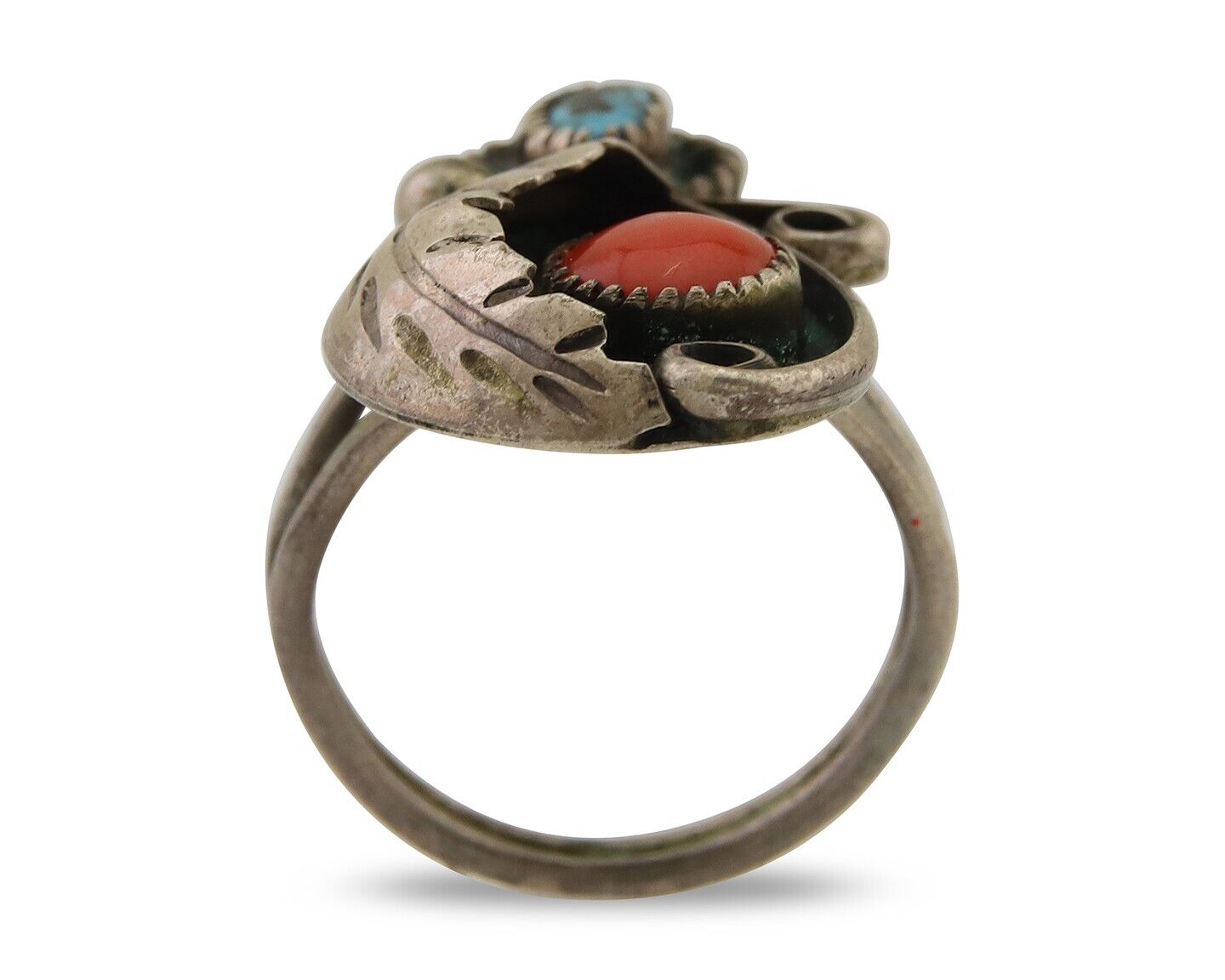 Navajo Handmade Ring 925 Silver Turquoise & Coral Native Artist C.80's