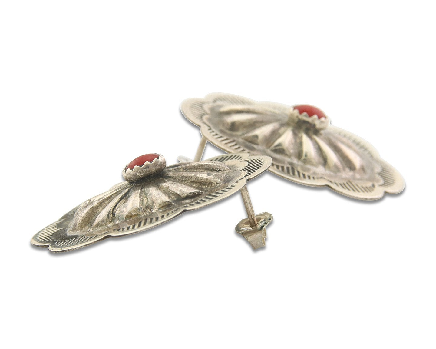 Navajo Earrings 925 Silver Natural Coral Native American Artist C.80's