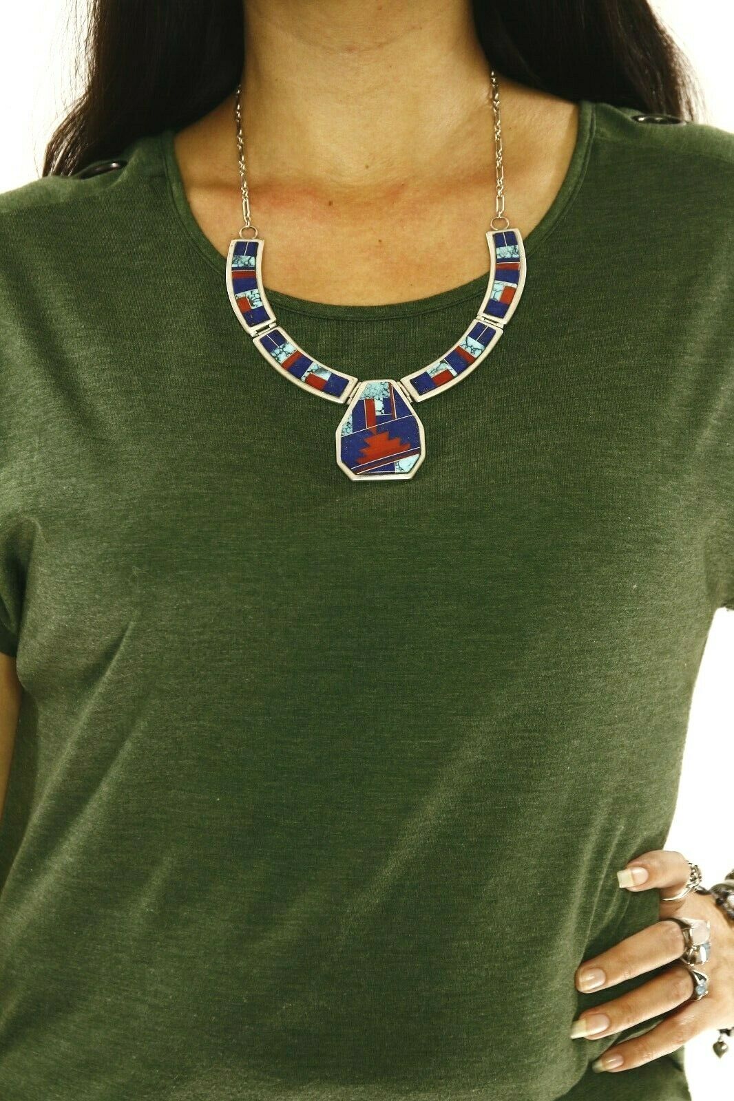 Navajo Necklace .925 Silver Spiderweb Turquoise, Lapis, Coral Handmade Signed WM