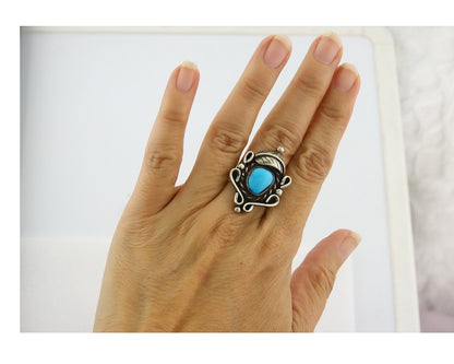 Traditional Navajo Ring Sterling Silver Authentic Turquoise Signed JM Size 6.75