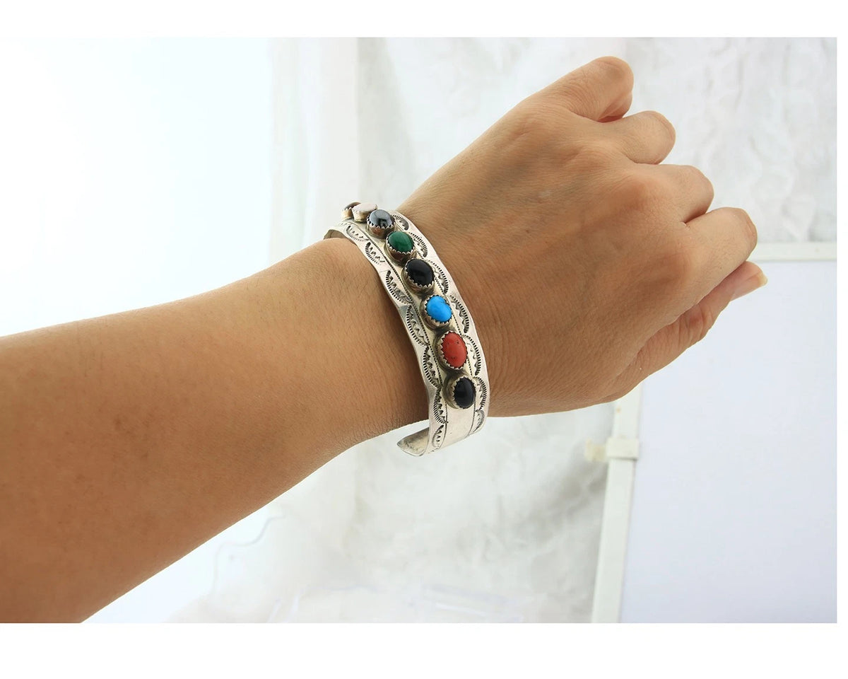 Men Navajo Cuff Bracelet Sterling Silver Natural Gemstone Vintage Signed LB