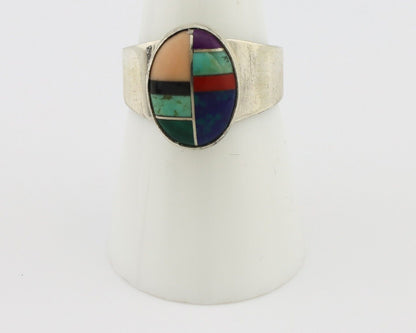 Zuni Inlaid Ring 925 Silver Mixed Natural Gemstones Native American Artist C.80s