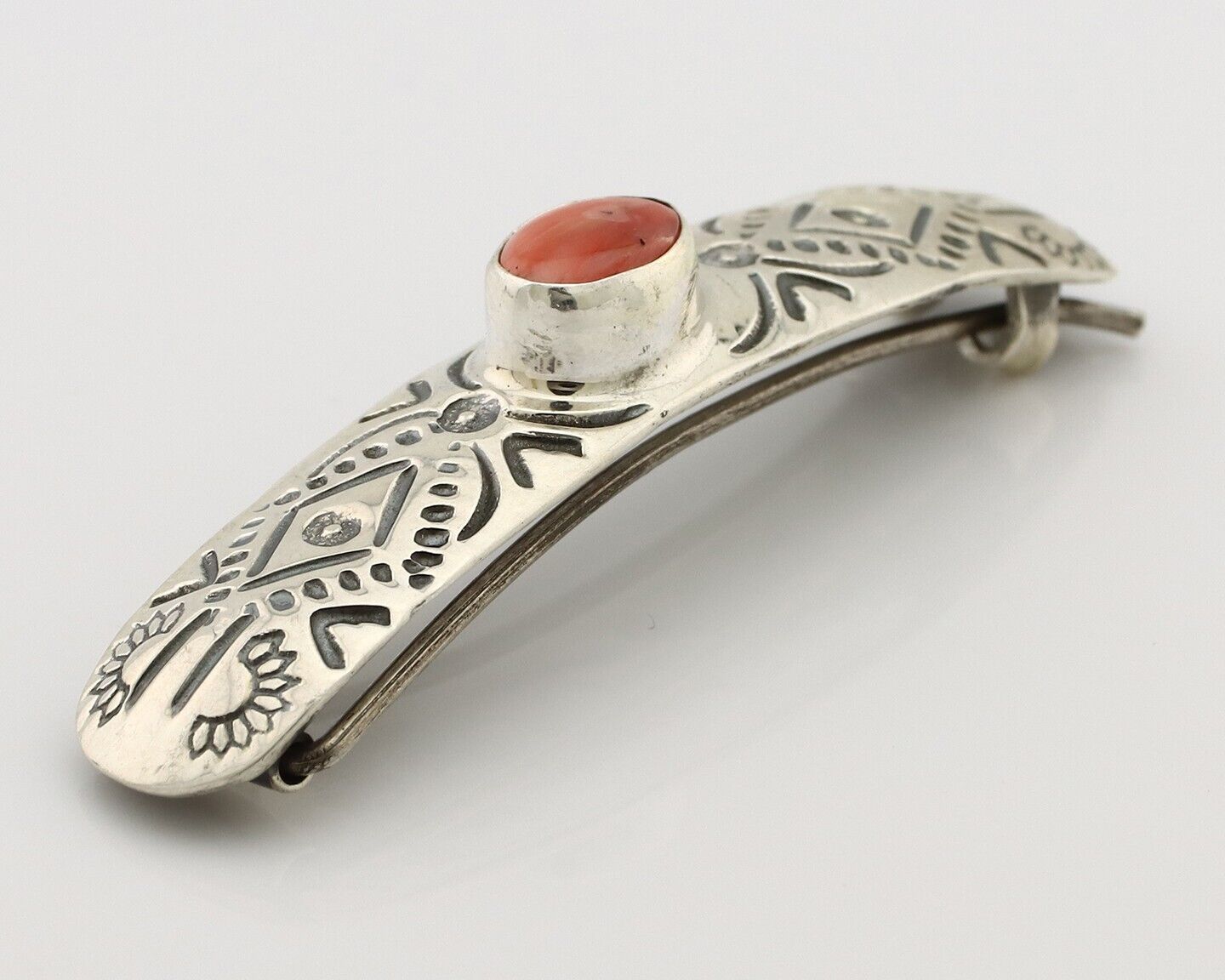 Women Navajo Hair Clip Barrette 925 Silver White Red Spiney Oyster Native Artist