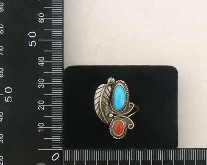 Navajo Ring 925 Sterling Natural Coral & Turquoise Signed EH C.80's Size 7.5