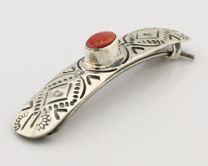 Women Navajo Hair Clip Barrette 925 Silver White Red Spiney Oyster Native Artist